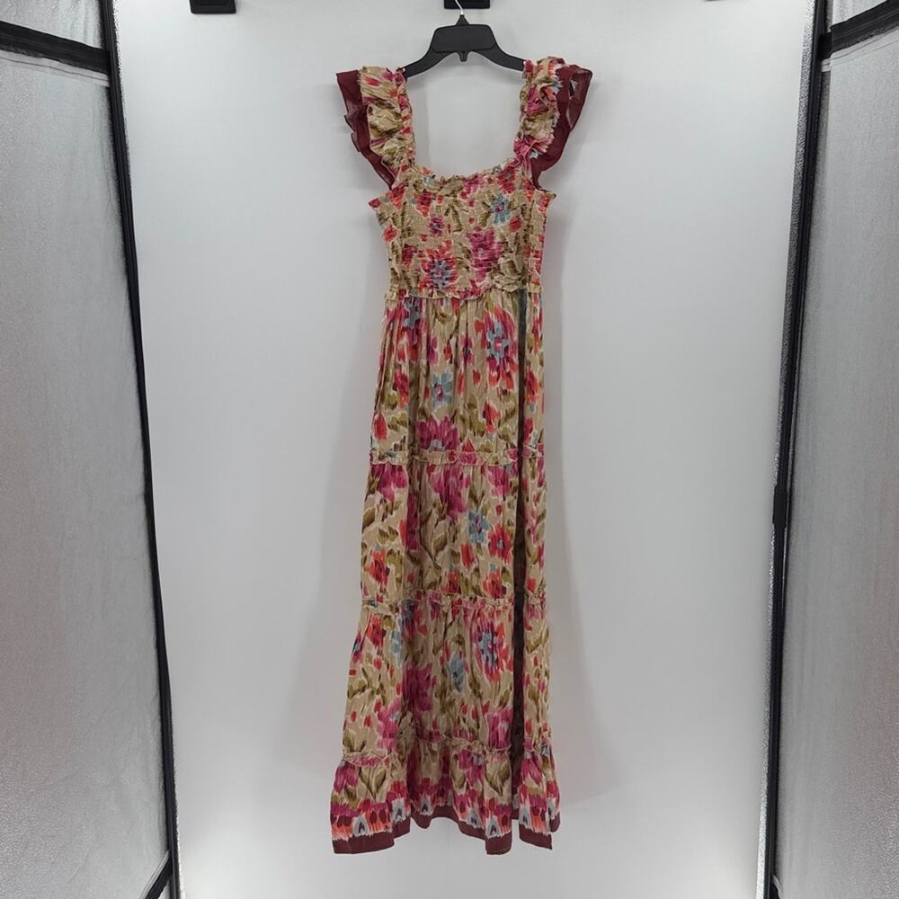 House of Harlow 1960 Zoey Khaki Floral Print Smocked Maxi Dress - Tan/Pink - S - Picture 9 of 9